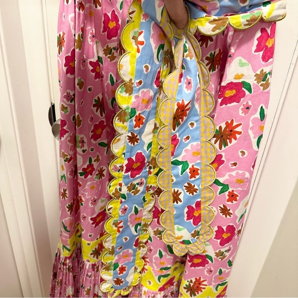 Celia B Topaz Midi Dress M Tiered Belted Flutter Slv Vibrant Colorful Party Fun - Picture 5 of 11